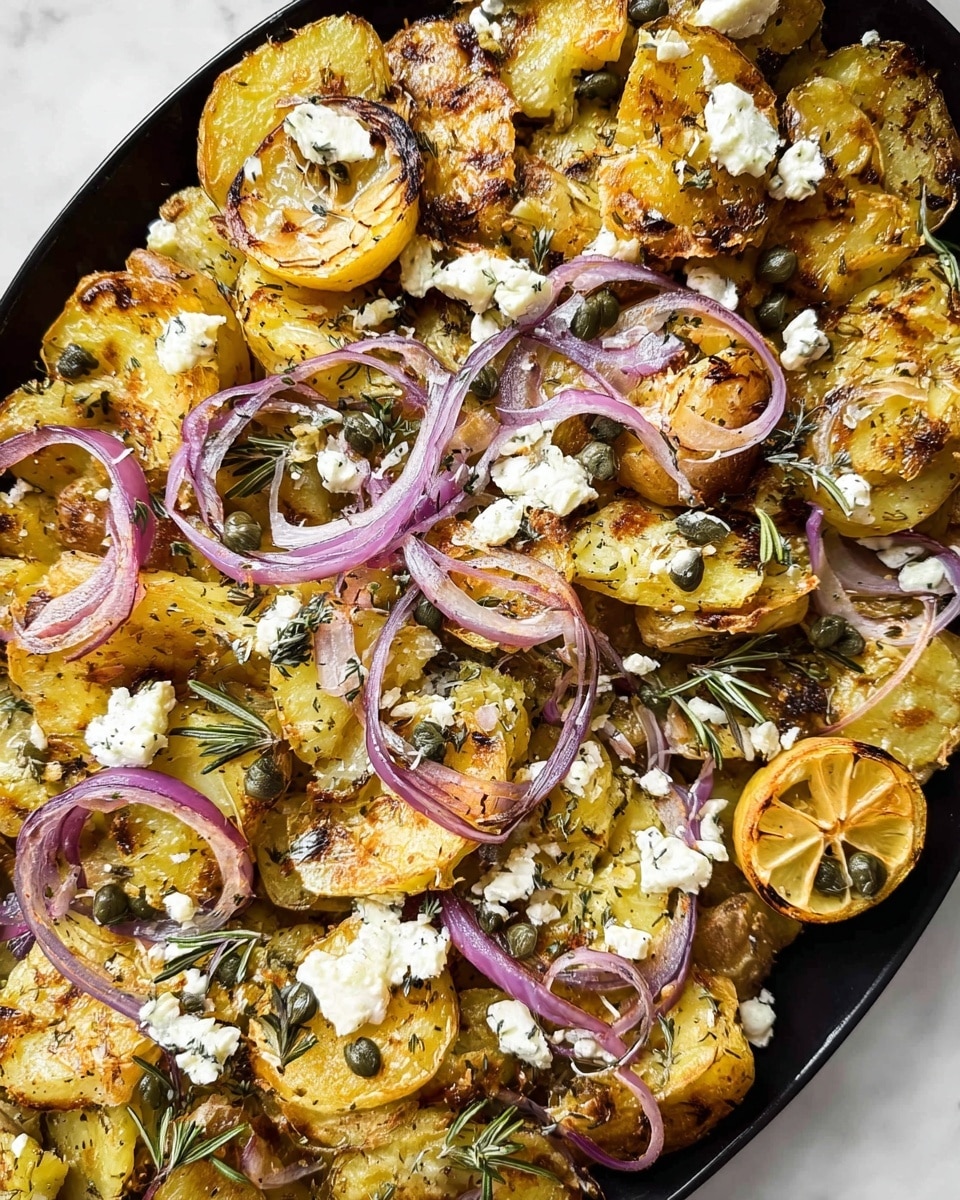 This image shows a close-up of roasted smashed potatoes with several layers of ingredients. The base layer is made of golden brown, crispy smashed potatoes with a rough, cracked texture. Scattered on top are thin rings of purple-red onion, adding a pop of color and softness. Small white crumbles of cheese are dotted around, contrasting with the potatoes and onions. Green rosemary sprigs and small capers are spread evenly across the dish, adding texture and color variation. There are also a few roasted garlic cloves and a halved lemon piece with a slightly charred surface nestled among the potatoes. The entire dish rests on a white marbled surface. Photo taken with an iphone --ar 4:5 --v 7