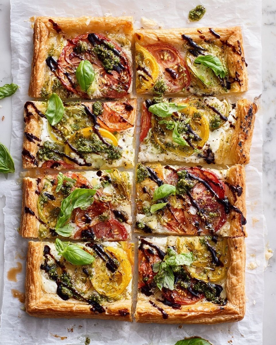A rectangular puff pastry tart cut into eight pieces rests on white parchment paper over a white marbled texture. The tart has a golden brown, slightly puffy crust with a crisp texture. The top layer shows a mix of melted white cheese and sliced red and yellow tomatoes arranged in overlapping circles. Fresh green basil leaves are scattered across the tart. Drizzles of dark balsamic glaze and bright green pesto sauce are spread unevenly over the top, adding contrast and shine. The tart looks warm with slight bubbling in the cheese and a rustic, homemade feel. photo taken with an iphone --ar 4:5 --v 7