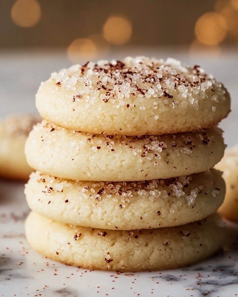 A close-up of a stack of four soft, round cookies with a light golden color. Each cookie has a slightly smooth top sprinkled with coarse sugar crystals and tiny dark brown specks, giving a textured look. The edges are gently rounded, and the cookies appear tender and lightly baked, with a subtle shine from the sugar. The background shows a soft focus with warm tones and a white marbled texture surface beneath the cookies. photo taken with an iphone --ar 4:5 --v 7