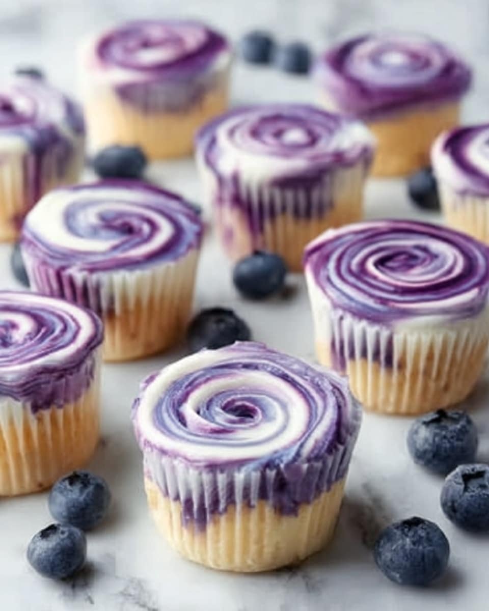 A group of small cupcakes arranged on a white marbled surface, each topped with a smooth swirl of creamy frosting in purple and white colors, creating a marble effect. The cupcakes have a light, creamy base with a neat purple cupcake wrapper, and the top swirl looks soft and slightly glossy. A few fresh blueberries are scattered around the cupcakes, adding a natural dark blue contrast to the purple and white colors. photo taken with an iphone --ar 4:5 --v 7