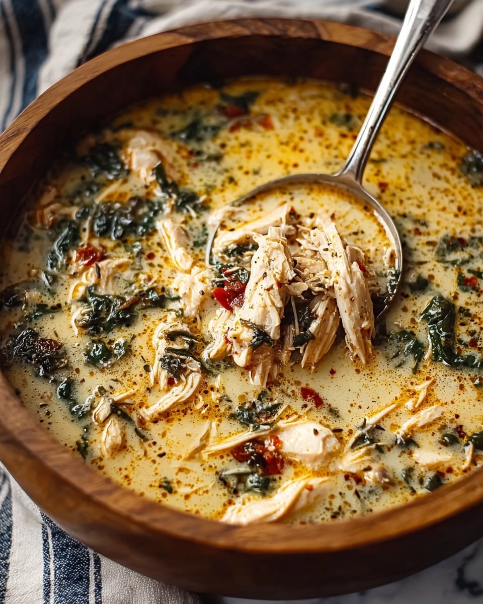A close-up view of a creamy chicken soup in a deep wooden bowl, filled with shredded pieces of light beige chicken and dark green spinach leaves floating in a rich, yellow-orange broth with visible specks of red tomato and herbs scattered throughout. A silver ladle is partially submerged in the soup, lifting chunky bits of chicken and spinach, showing the creamy and textured liquid. The bowl is placed on a white marbled surface with a striped cloth beside it. photo taken with an iphone --ar 4:5 --v 7