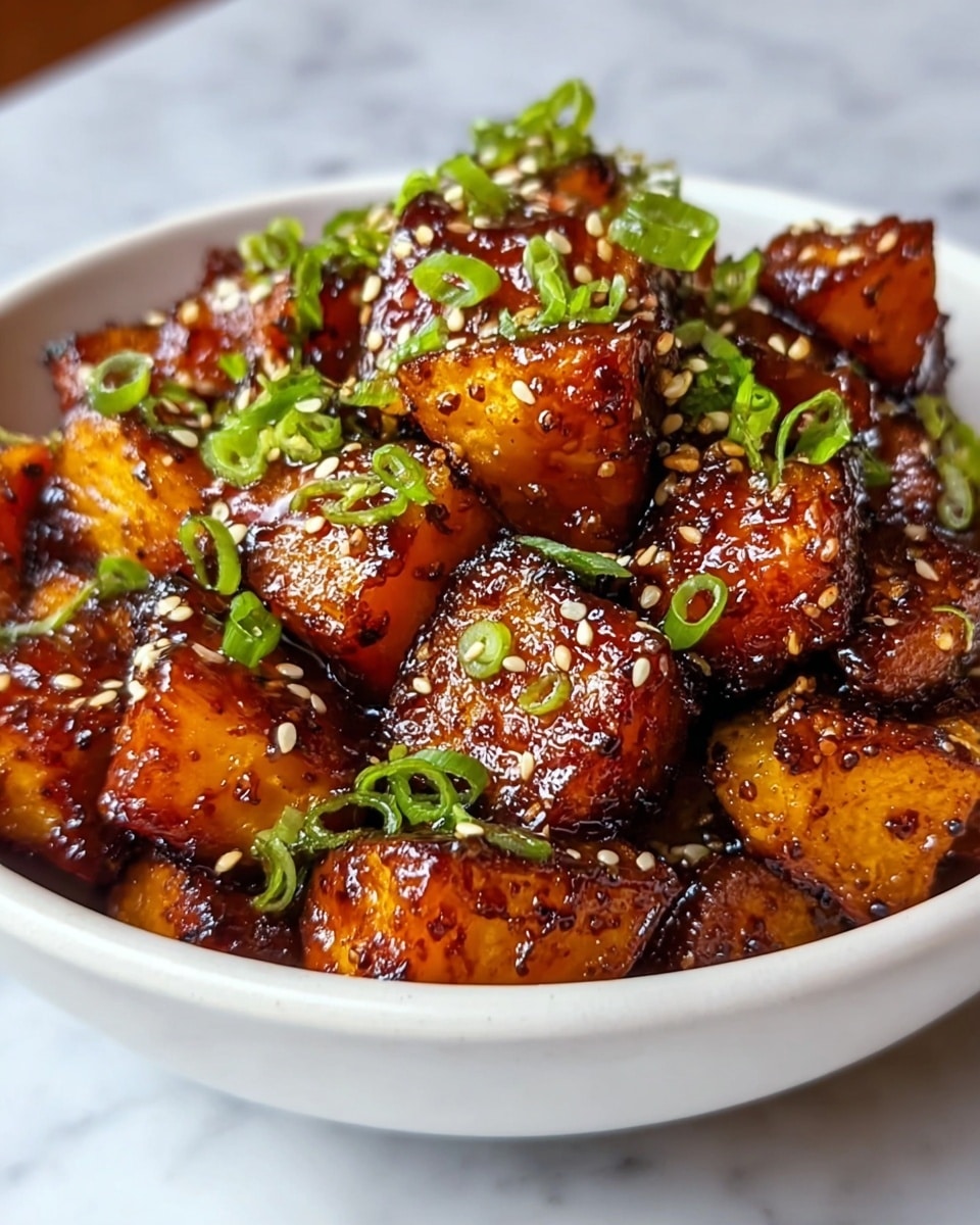 The image shows a white bowl filled with glossy, caramelized pineapple chunks that are golden yellow with some darker charred spots. The pineapple pieces are covered in a thick, sticky, dark brown sauce, giving them a shiny look. Over the pineapple, there are small white sesame seeds sprinkled evenly and chopped bright green spring onions scattered on top. The bowl sits on a white marbled surface that adds a clean and elegant background, highlighting the vibrant colors of the dish. photo taken with an iphone --ar 4:5 --v 7