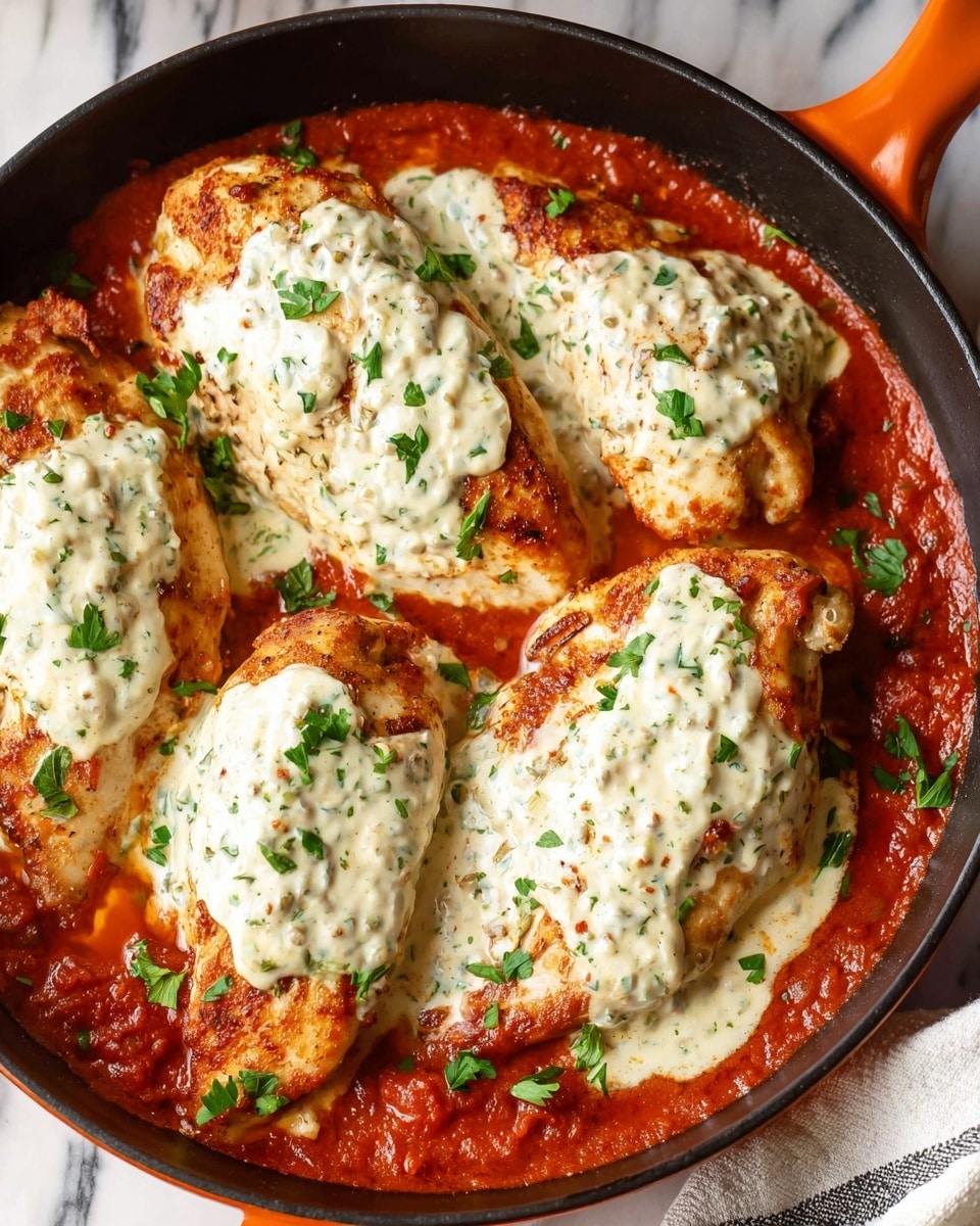 The image shows a black skillet with a red handle filled with four chicken breasts. Each chicken breast has two main layers: the bottom layer is cooked golden-brown chicken, partially covered by a bright red chunky tomato sauce that fills the skillet base, and the top layer is a thick, white creamy sauce with a slightly grainy texture and herbs mixed in. Fresh green chopped parsley is sprinkled over the chicken and sauce, adding a fresh color contrast. The skillet rests on a white marbled surface. photo taken with an iphone --ar 4:5 --v 7