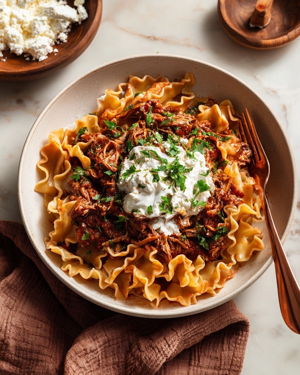 A white speckled bowl holds three layers of wide, wavy-edged pasta with a reddish-brown meat sauce mixed throughout, creating a rich, textured look. On top of the pasta, there is a dollop of white creamy cheese sprinkled with chopped green herbs. The dish is garnished with fresh green herb pieces scattered over the top. Two bronze spoons rest on the left side inside the bowl. The bowl sits on a folded brown cloth over a white marbled surface. Nearby, a wooden bowl with white cheese and a small wooden spoon is partially visible in the background. Photo taken with an iphone --ar 4:5 --v 7
