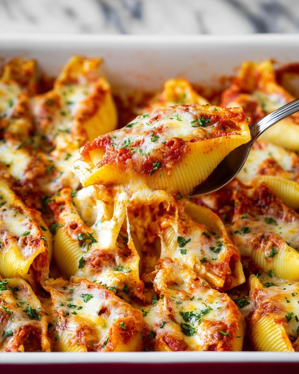 A close-up view of a white baking dish filled with large pasta shells, each shell stuffed and topped with layers of bright red tomato sauce and melted golden-brown cheese, sprinkled with green chopped herbs. One shell is lifted by a silver spoon, showing the gooey cheese stretching, with the layers of soft yellow pasta, red sauce, and bubbly cheese clearly visible. The background is a white marbled texture. photo taken with an iphone --ar 4:5 --v 7