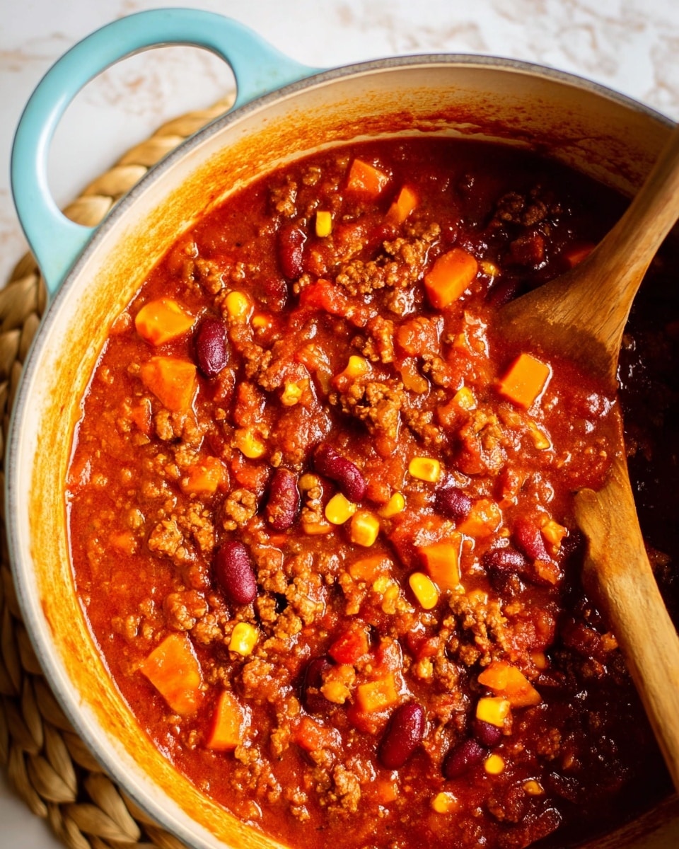 A close-up of a large blue pot filled with a thick red chili mixture, showing one main layer of chunky ingredients including ground meat, red beans, yellow corn kernels, and orange sweet potato cubes all combined in a rich tomato sauce. The chili has a slightly shiny, saucy texture with visible spices and small vegetable pieces like onions mixed in. A wooden spoon rests on the right side inside the pot, partially submerged in the chili. The pot sits on a round woven mat on a white marbled surface. photo taken with an iphone --ar 4:5 --v 7