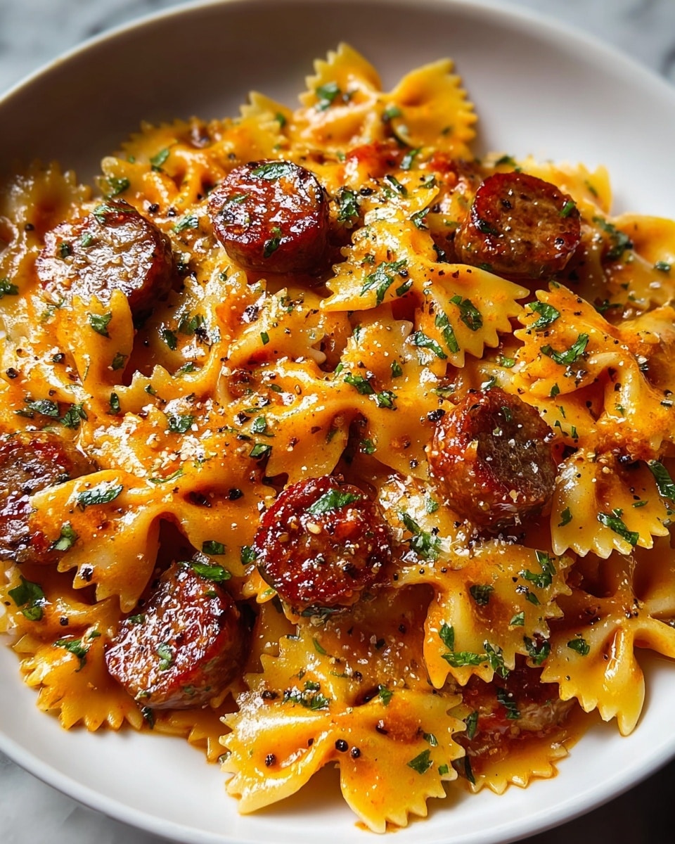 A white plate filled with a close-up of bowtie pasta coated in a shiny, orange-red sauce mixed with small green herbs scattered on top. The pasta looks soft with some black pepper sprinkled all over. There are several round, brown, slightly crispy sausage slices placed on top and mixed inside the pasta. The background has a white marbled texture. The image is bright and detailed showing the texture of the sauce and the crispness of the sausage slices. photo taken with an iphone --ar 4:5 --v 7
