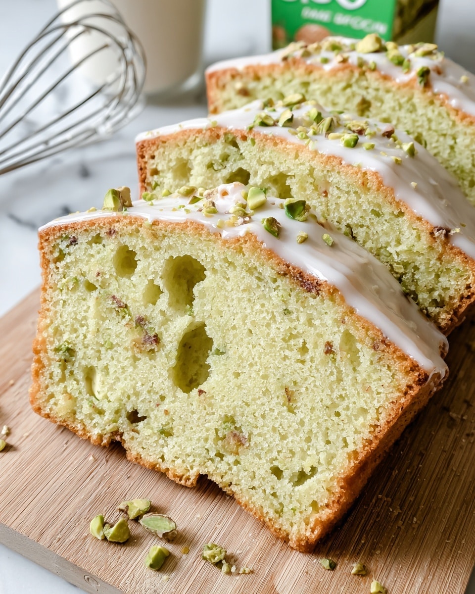 The image shows four thick slices of light green loaf cake arranged leaning on each other from front to back on a wooden board. The cake has a soft and airy texture with small holes visible inside. The top layer of the cake is golden brown with a shiny white glaze drizzled over it, sprinkled with small green and brown chopped nuts. The background features a white marbled texture along with a blurred carton and metal whisk in the scene. Photo taken with an iphone --ar 4:5 --v 7