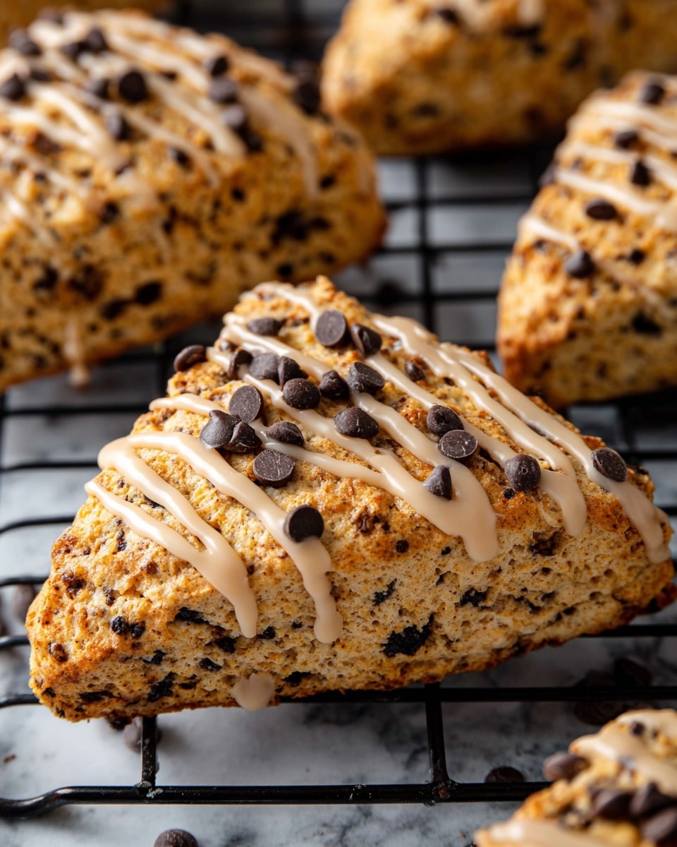 The image shows triangular scones with a golden brown and slightly crispy texture. Each scone has small dark chocolate chips embedded within and is drizzled with a light beige glaze that runs down the ridged tops. Additional chocolate chips are sprinkled on top of the glaze. The scones are placed on a black cooling rack over a white marbled surface, giving a fresh and warm baking impression. photo taken with an iphone --ar 4:5 --v 7