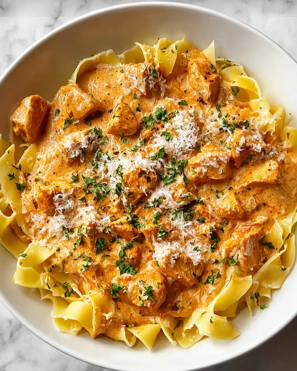 A white bowl filled with wide egg noodles forming the base layer, their yellow color visible around the edges, topped with chunks of cooked chicken that look tender and are covered in a thick, creamy orange sauce. The sauce has a smooth texture with visible specks of seasoning, covering both the chicken and noodles. The dish is finished with a sprinkle of grated white cheese and small pieces of green parsley scattered on top, adding a fresh touch. The bowl rests on a white marbled textured surface. photo taken with an iphone --ar 4:5 --v 7