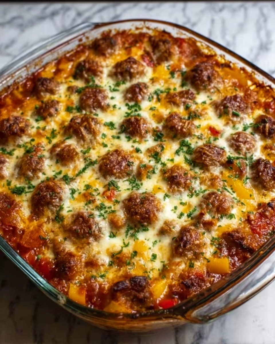 A glass baking dish filled with a colorful baked casserole sits on a white marbled surface. The casserole has multiple layers visible through the sides: at the bottom is a rich, thick red tomato sauce, followed by chunks of browned meat and vibrant pieces of red, yellow, and orange bell peppers. The top layer is covered in melted, golden-brown cheese with small browned spots and sprinkled with green herbs. The cheese looks gooey and slightly crispy on the edges, and the casserole has a hearty, homemade appearance. photo taken with an iphone --ar 4:5 --v 7