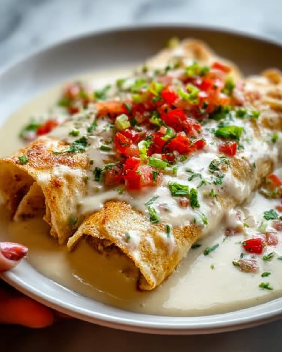 The dish shows two filled crepes placed side by side on a white plate, covered with a thick, creamy white sauce that looks smooth and slightly glossy. On top, there is a colorful mix of chopped fresh tomatoes, green onions, and cilantro, adding bright red and vibrant green colors as a fresh garnish. The crepes underneath have a warm golden-brown color with slightly crispy edges peeking out from under the sauce. The background features a white marbled surface, and the photo captures the dish closely with soft natural light. Photo taken with an iphone --ar 4:5 --v 7
