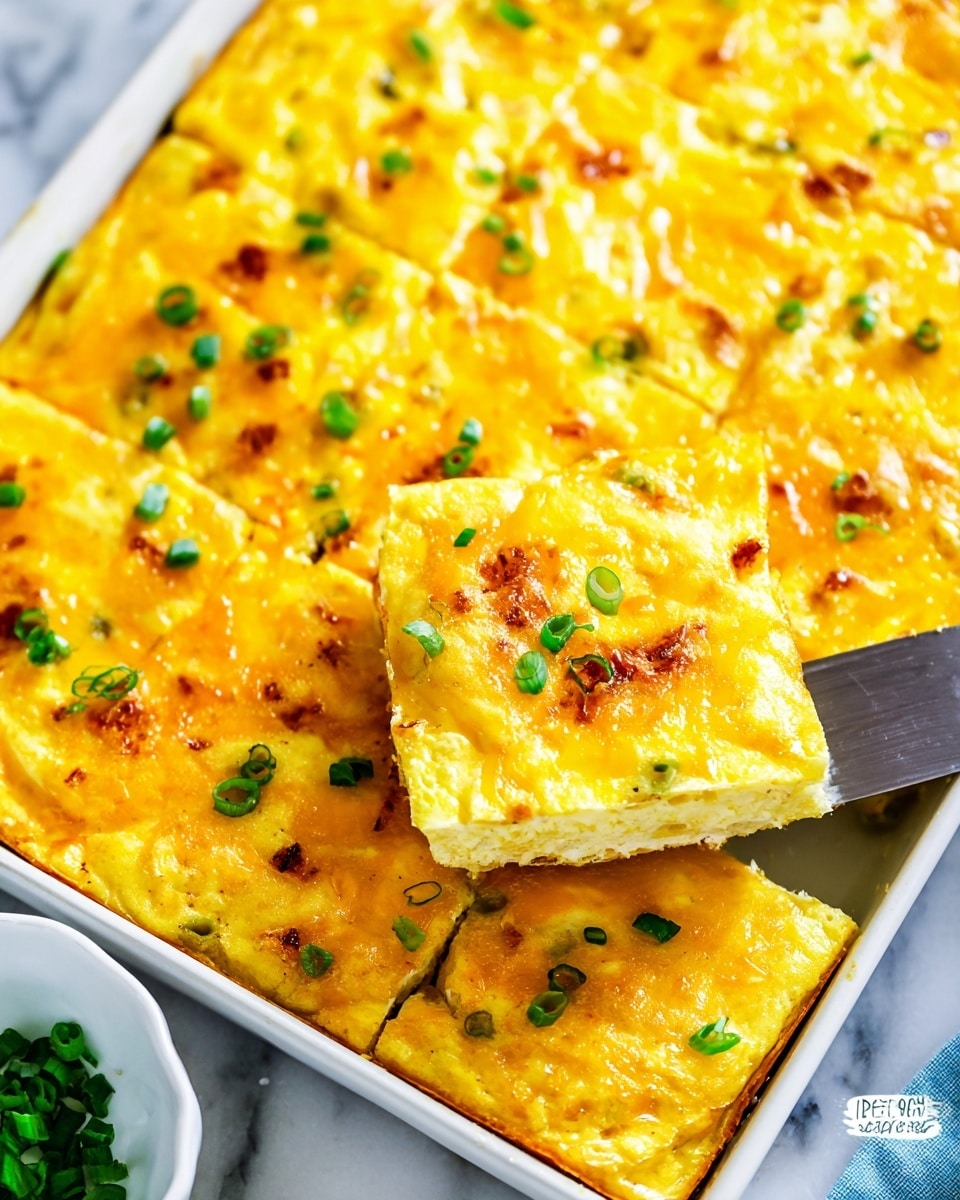 A metal tray holds a cooked egg casserole cut into square pieces, with one piece being lifted by a spatula. The casserole has a bright yellow color with visible layers of cooked eggs, melted cheddar cheese, and bits of browned bacon mixed throughout. Small green onion slices are scattered evenly on top, adding a touch of green contrast. The texture looks fluffy and moist, with a slightly golden surface and some black pepper specks. The background is a white marbled texture, adding a clean and fresh look. photo taken with an iphone --ar 4:5 --v 7