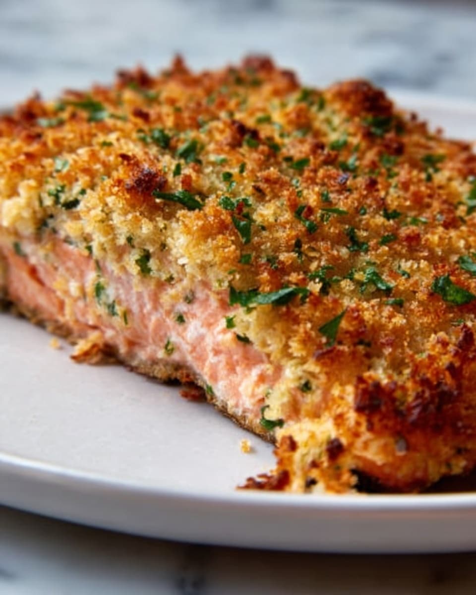 The image shows a close-up of a single slice of baked salmon with a thick, crispy topping that is golden brown with green herbs sprinkled on top. The topping looks crunchy with uneven textures, covering the pink-orange salmon layer beneath. The salmon flesh appears juicy and tender with visible flakes, sitting on a clean white plate. The background is a white marbled texture, giving a bright and fresh look. Photo taken with an iphone --ar 4:5 --v 7