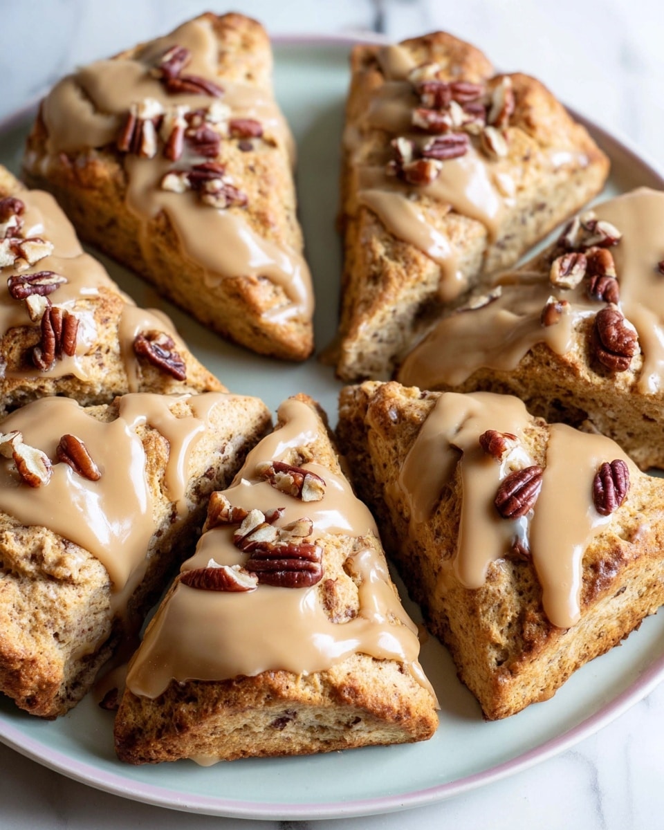A white plate holds six golden brown triangular scones, each with a slightly rough but baked texture. They are evenly spaced, each topped with thick light brown icing that is drizzled in wide stripes across the scones. Scattered on top of the icing are small pieces of pecans, showing deep brown and off-white colors that contrast with the smooth glaze and flaky surface. The plate sits on a white marbled surface. photo taken with an iphone --ar 4:5 --v 7