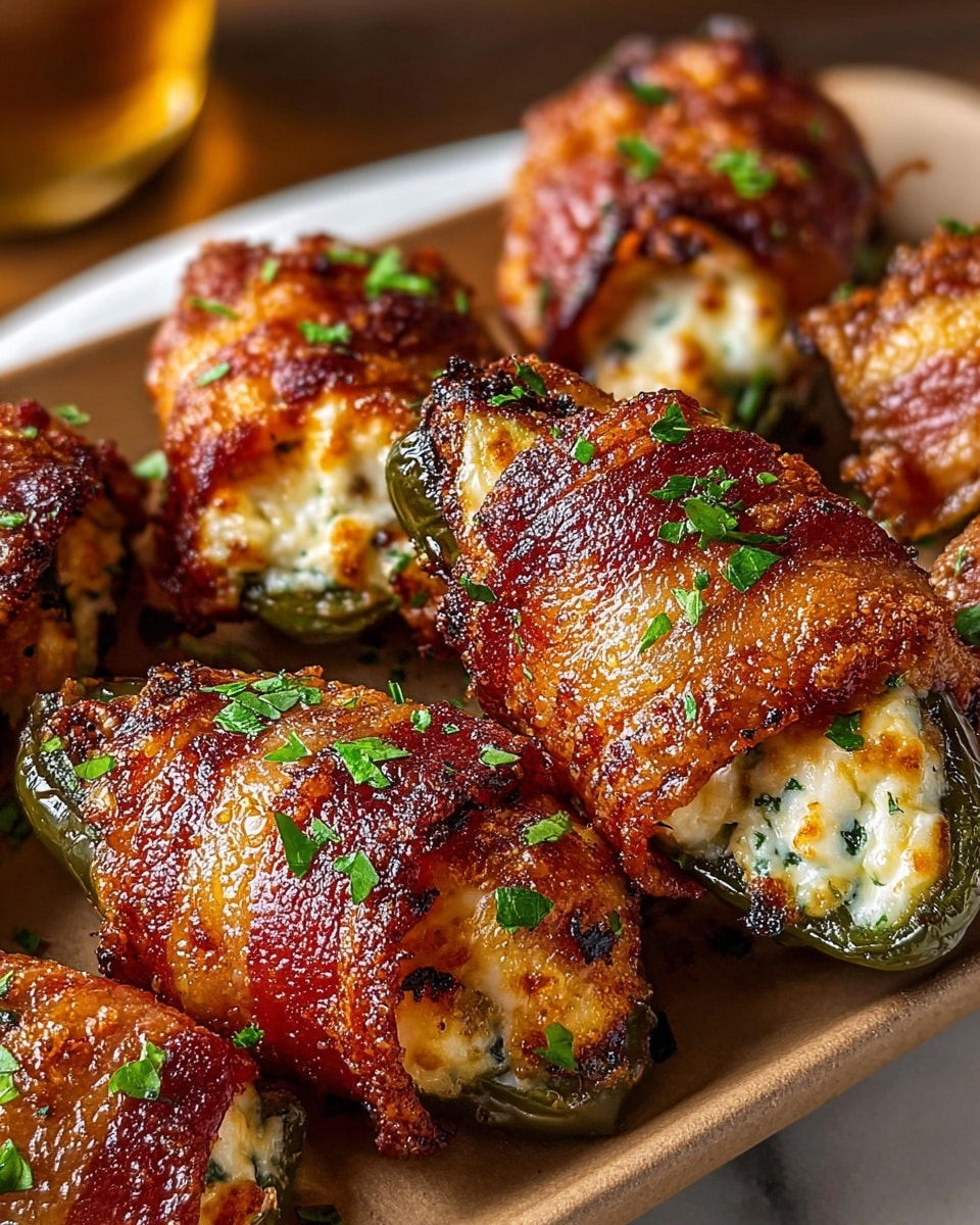 The image shows multiple stuffed jalapeño peppers wrapped in crispy, browned bacon. Each jalapeño is filled with melted white cheese mixed with green herbs, creating a soft, creamy texture in the center. The bacon has a deep golden-brown color with a slightly charred, crunchy texture on the outside, and the melted cheese peeks out from the ends and sides. The tops are sprinkled with finely chopped fresh green herbs. The jalapeños rest on a white marbled surface that contrasts with the rich colors of the peppers and bacon. Photo taken with an iphone --ar 4:5 --v 7