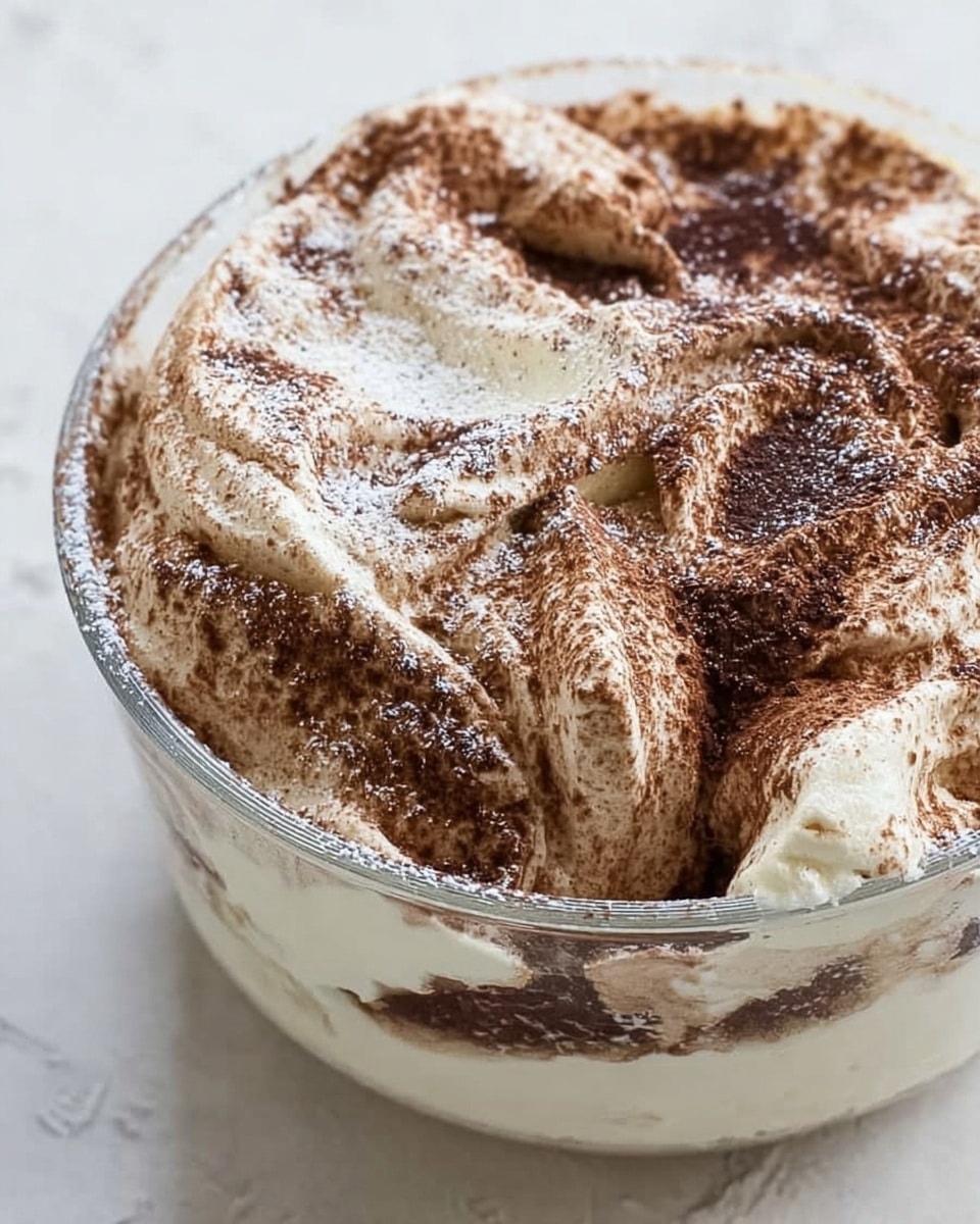 A clear glass bowl filled with a creamy spread that has swirls of dark cocoa powder mixed throughout the top layer, creating a marbled effect. The creamy base is light beige with a smooth and thick texture, while the cocoa swirls add contrast with their rich brown color and powdery finish. There is a light dusting of white powdered sugar on parts of the top, adding a delicate texture and brightness. The bowl sits on a white marbled surface, and in the blurred background, there is a hint of light brown items. photo taken with an iphone --ar 4:5 --v 7