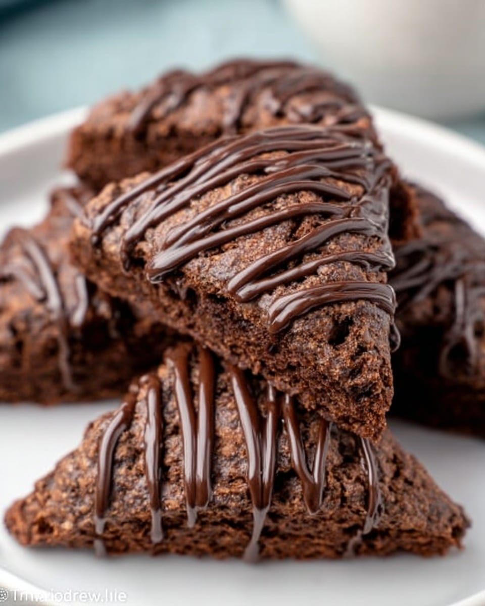 The image shows several triangular chocolate scones stacked on top of each other on a white marbled surface. Each scone has a dark brown, slightly crumbly texture with visible chocolate chunks inside. The top of the scones is decorated with a shiny drizzle of smooth chocolate in thin, uneven lines, adding a glossy finish. The scones look dense and rich, with their uneven edges adding to a homemade feel. photo taken with an iphone --ar 4:5 --v 7