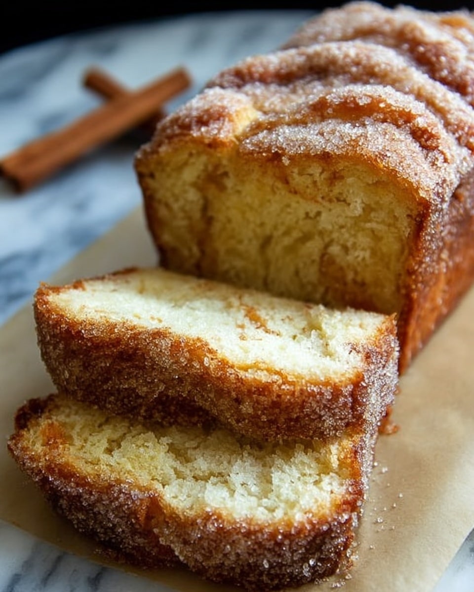 A loaf of bread with a golden brown crust covered with coarse sugar sits sliced on white parchment paper. The inside shows a soft, light yellow crumb with a fluffy texture, visible in three thick slices cut from the loaf. The loaf’s top layer has a slightly rough texture with sparkling sugar crystals. The background is a white marbled surface with blurred cinnamon sticks visible in the corner. Photo taken with an iphone --ar 4:5 --v 7