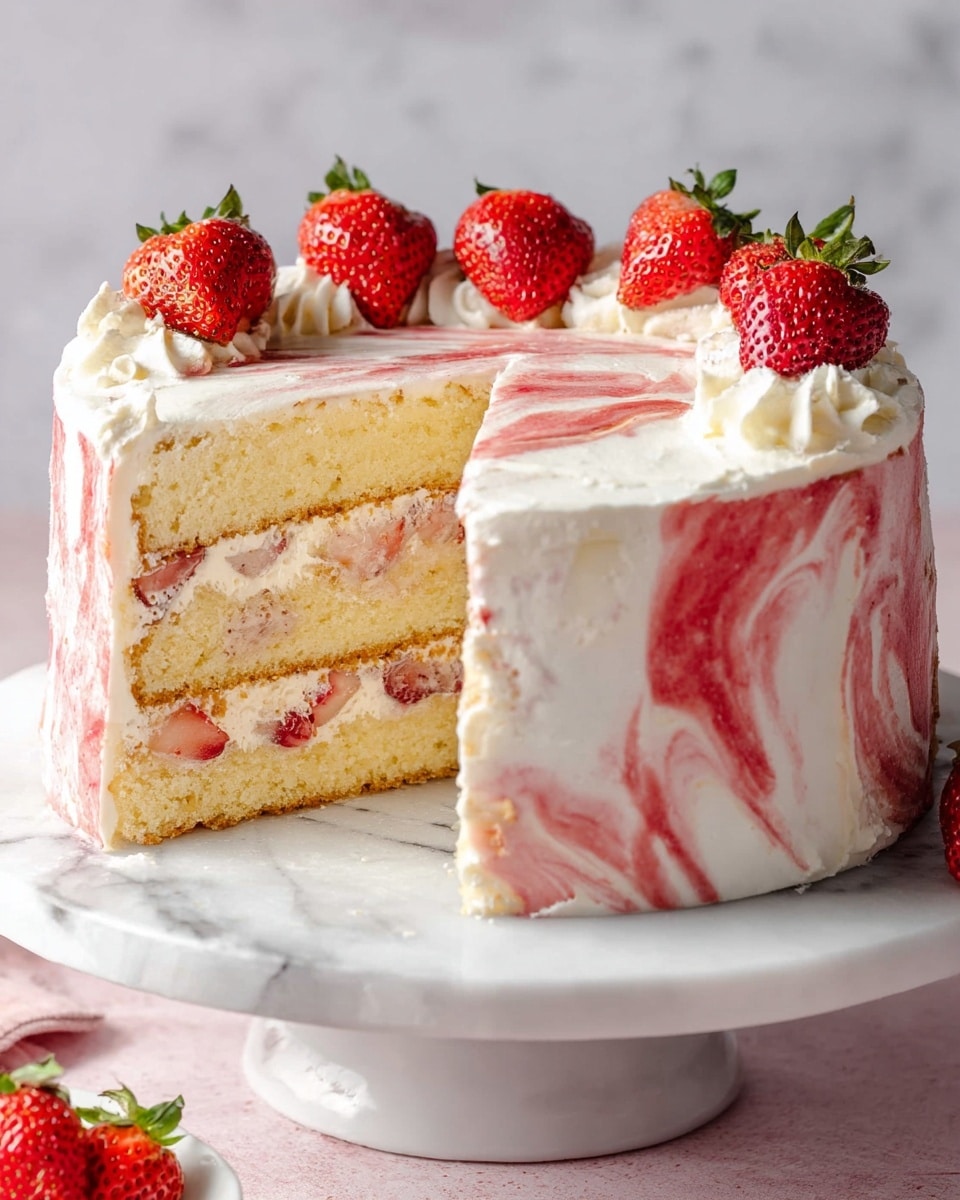 A white round cake with three layers of light yellow sponge separated by white cream mixed with chopped red strawberries, topped with a swirl of white cream with red strawberry sauce streaks. The cake is decorated with several whole strawberries with green leaves on top. The cake slice is cut out showing the inside layers clearly, sitting on a white marble cake stand placed on a white marbled surface. Photo taken with an iphone --ar 4:5 --v 7
