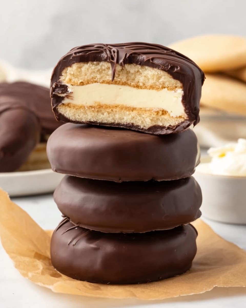 The image shows three dark brown chocolate-covered rounds stacked on top of each other on a piece of parchment paper. The top chocolate round is cut in half, revealing three layers inside: a top layer of dark brown chocolate, a middle layer of light creamy beige filling, and a bottom layer of yellowish cookie or biscuit. The surface behind the stack has a white marbled texture with some blurred elements. Photo taken with an iphone --ar 4:5 --v 7