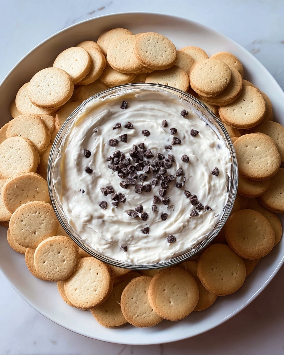 A white round plate filled with many small, round, golden-brown cookies forming a base layer. On top of the cookies sits a clear glass bowl filled with a thick, creamy white dip that has small dark chocolate chips mixed throughout and scattered on top, giving a speckled contrast. The plate is on a white marbled surface. photo taken with an iphone --ar 4:5 --v 7