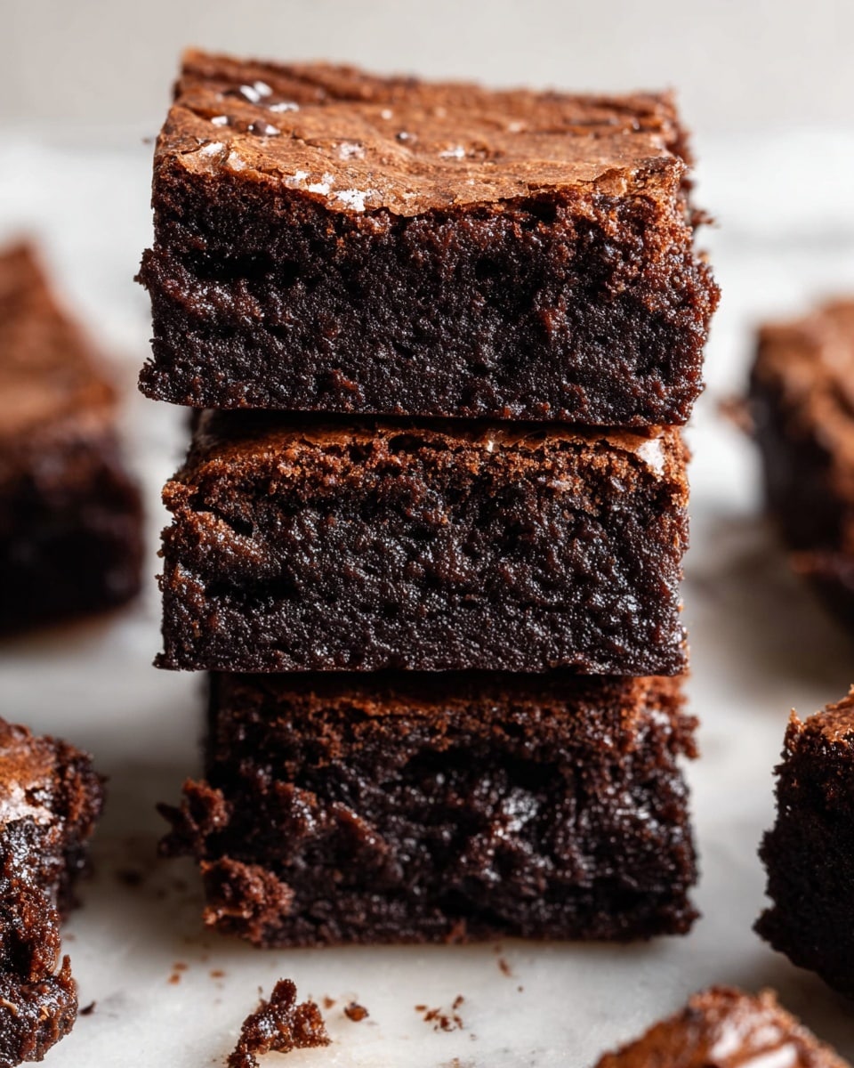 The image shows three dark brown chocolate brownies stacked vertically in the center. Each brownie has a shiny, slightly cracked top layer with a dense, moist, and textured inside that looks rich and fudgy. Around the stack, there are other brownies spaced out on a white marbled surface. Small crumbs are scattered softly on the surface, highlighting the brownies’ crumbly texture. The colors focus on dark brown shades with a light, smooth background. photo taken with an iphone --ar 4:5 --v 7