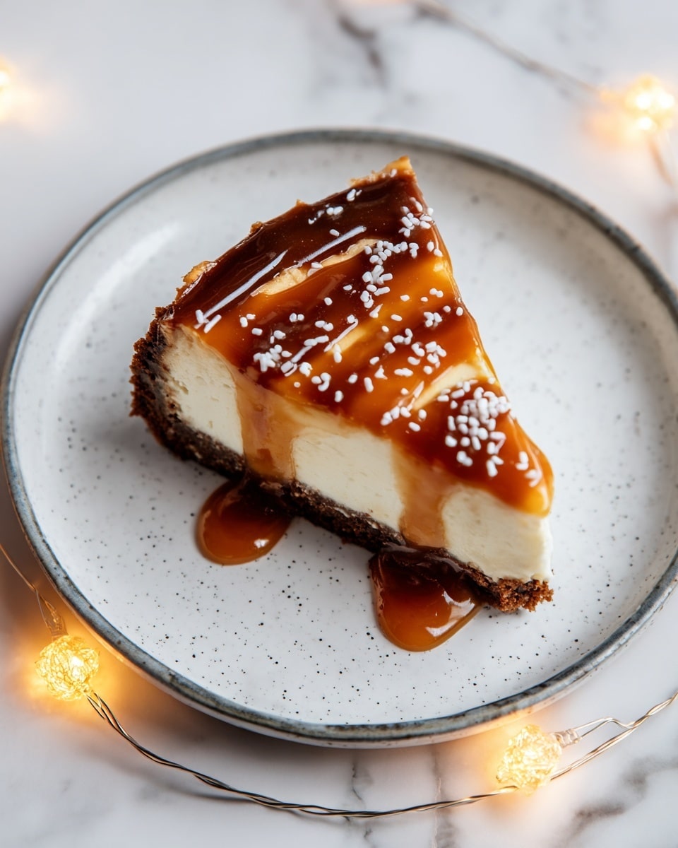 A single triangular slice of cheesecake sits center on a white speckled plate with a dark rim, placed on a white marbled texture surface. The cheesecake slice has three clear layers: a bottom dark brown crumbly crust, a thick smooth cream-colored middle cheesecake layer, and a glossy, amber caramel drizzle on top that spreads unevenly and drips slightly onto the plate. Small white sprinkles are scattered over the caramel. Tiny crumbs surround the slice on the plate, and soft, warm fairy lights encircle the plate, adding a cozy glow. Photo taken with an iphone --ar 4:5 --v 7