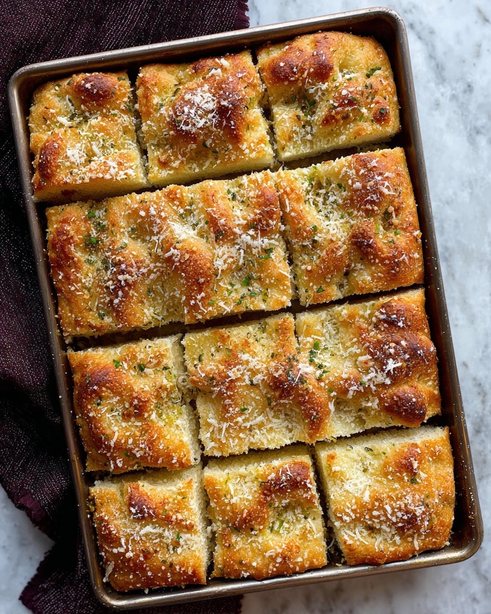 A rectangular metal baking pan holds eight pieces of golden baked breadsticks, arranged in two rows of four. Each breadstick shows a textured surface browning evenly with a crispy look. The top is sprinkled with small white grated cheese and light chopped green herbs, giving contrast against the warm golden-brown crust. The pan is resting on a white marbled surface with a dark cloth partially underneath. Photo taken with an iphone --ar 4:5 --v 7