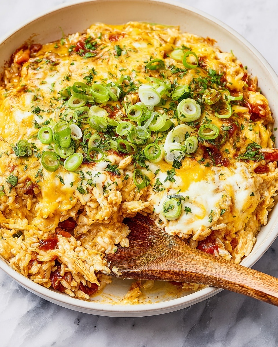 A close-up view of a white skillet filled with a layered rice dish topped with melted yellow and white cheese, garnished with chopped green onions and parsley. The rice underneath is mixed with small pieces of tomato and green peppers, creating a textured, colorful base layer. The melted cheese layer is creamy with a slightly browned golden hue in places and is evenly spread over the top. A wooden spoon rests on the left side, partially lifting the cheesy rice mixture, showing its soft, moist texture. The background is a white marbled texture. Photo taken with an iphone --ar 4:5 --v 7