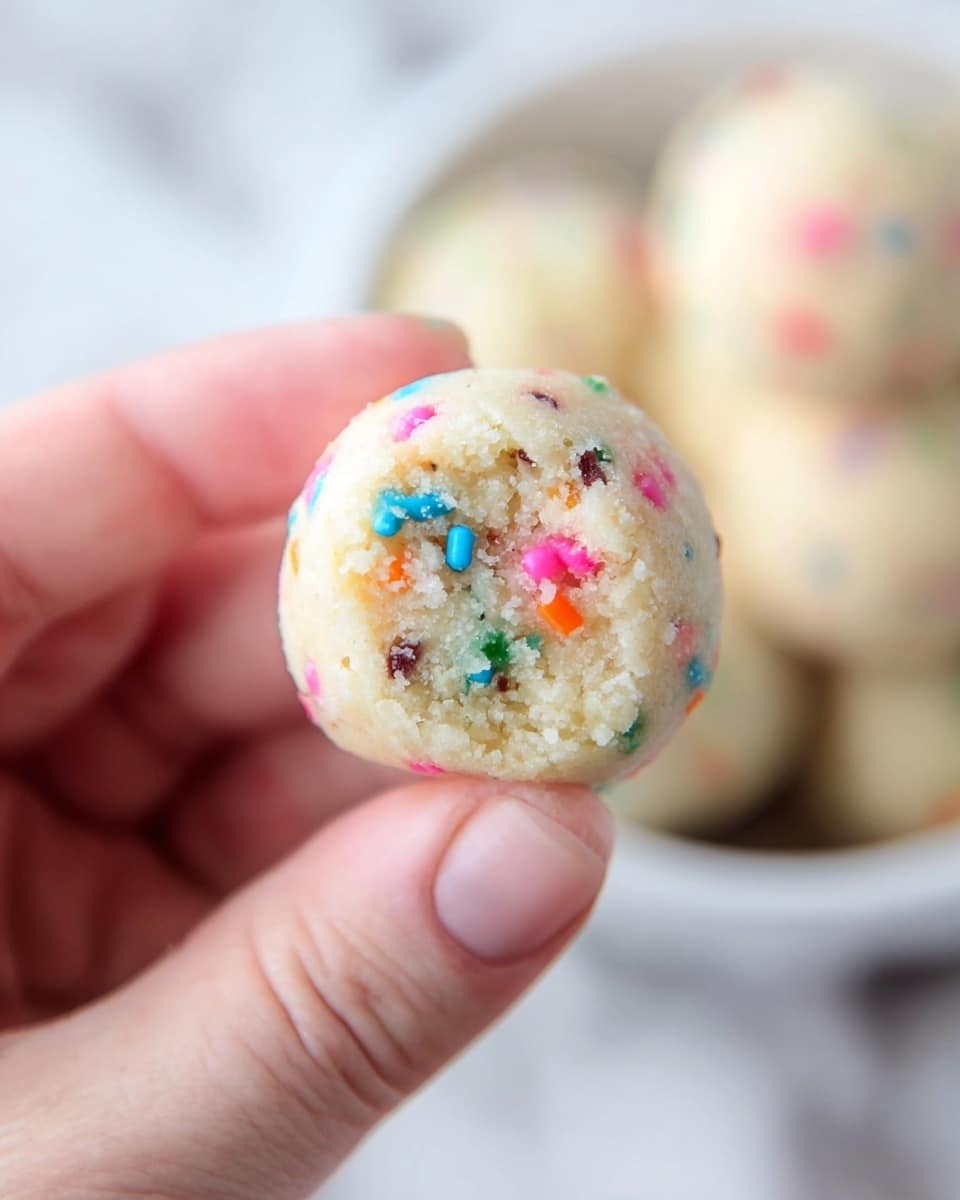 A close-up view of a small round cookie dough ball held between the tips of a woman's hand thumb and forefinger. The cookie dough is pale cream in color with a soft, crumbly texture and embedded with small, colorful confetti sprinkles in pink, orange, blue, green, yellow, and brown scattered throughout. The focus is on the bitten edge showing the inside texture of the dough ball. In the blurred background, there is a white bowl holding more similar dough balls. The whole scene sits on a white marbled surface with soft natural lighting. photo taken with an iphone --ar 4:5 --v 7