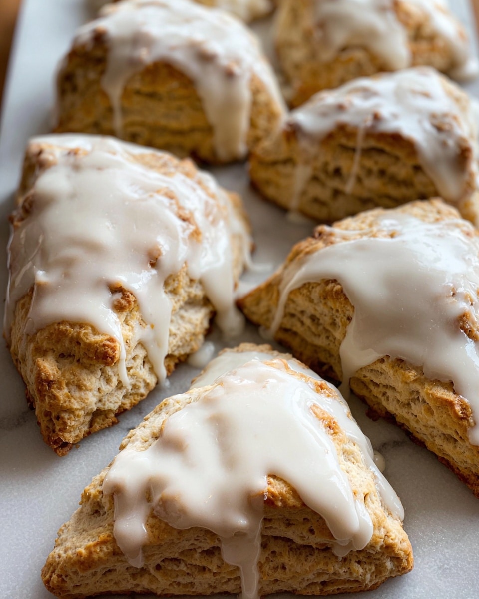 A close-up view of several freshly baked scones arranged on white parchment paper over a baking tray. Each scone has a rough, golden-brown textured base with a slightly crumbly surface, topped with a thick, uneven layer of glossy white icing that drips down the sides in a natural, casual way. The scones are irregular in shape, mostly triangular and rectangular, with some shading from light golden to darker brown near the edges, showing the baked texture. The background is a white marbled texture. photo taken with an iphone --ar 4:5 --v 7