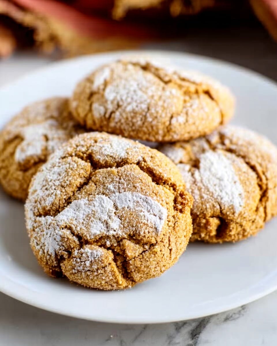 A close-up of four round, cracked cookies on a simple white plate. Each cookie has a rough, crumbly golden-brown surface with light sugar crystals sprinkled on top, giving a slightly sparkling effect. The cookies are thick with a soft texture visible on the edges and a few deeper cracks showing a slightly darker inside. The plate sits on a white marbled surface with soft natural lighting highlighting the warm tones of the cookies. Photo taken with an iphone --ar 4:5 --v 7