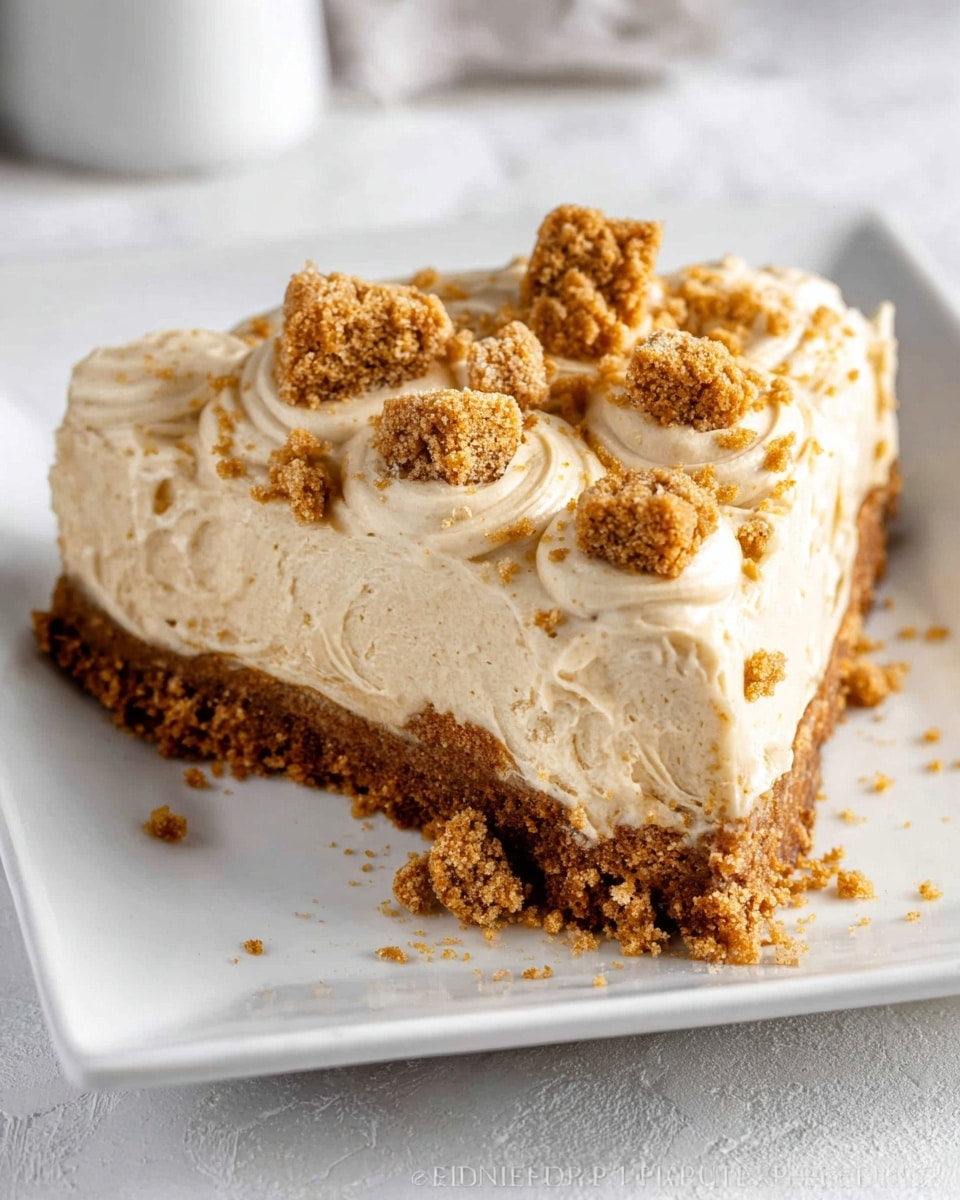 A single slice of pie sits on a white square plate against a white marbled texture background, showing two main layers: the bottom layer is a dense, crumbly, golden-brown crust with visible small chunks, and the creamy top layer is a thick, smooth, light tan filling with a soft texture. The top of the slice is decorated with several broken pieces of crunchy cookie crumbs scattered unevenly, adding texture and color contrast. Photo taken with an iphone --ar 4:5 --v 7