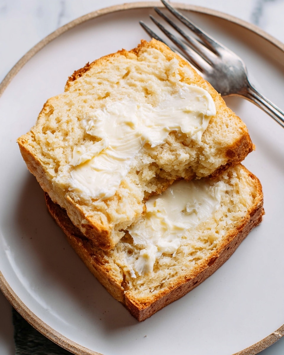 Two slices of light golden brown bread with a soft, crumbly texture are placed on a white plate. The top slice is spread with a thick layer of creamy white butter melting slightly into the bread. The edges of the bread are crisp and slightly darker than the soft inside. There are a few bread crumbs on the plate around the slices, and a silver fork is lying beside them. The surface underneath the plate is a white marbled texture. photo taken with an iphone --ar 4:5 --v 7