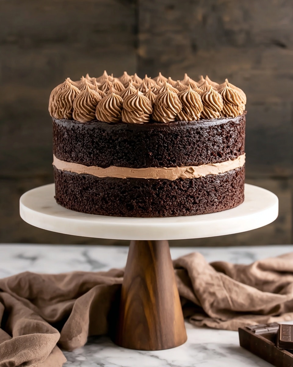 A two-layer dark chocolate cake sits on a white cake stand with a wooden base, placed on a white marbled textured surface. Each cake layer is thick and moist with a rich, dark brown color. Between the layers and on top, there are evenly spaced dollops of light brown chocolate frosting, piped in a swirled, pointed pattern. The cake has a clean, smooth look with no outer frosting covering the sides. In the bottom right corner, there is a large piece of dark chocolate. Photo taken with an iphone --ar 4:5 --v 7