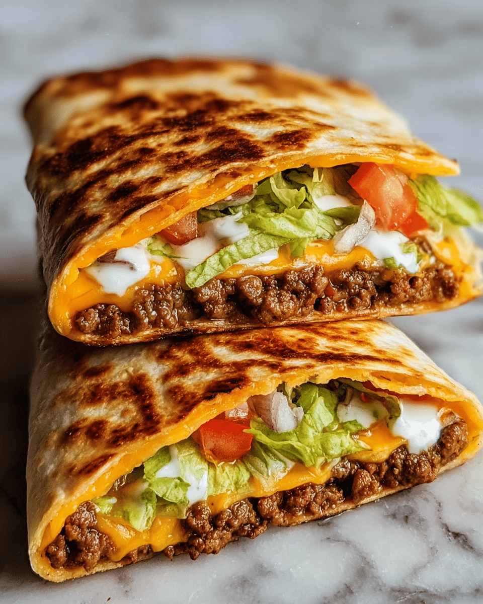 Two crispy golden-brown folded tortillas stacked on a white marbled surface, each showing multiple layers inside. The bottom layer is browned tortilla filled with a thick layer of cooked ground beef in dark brown, topped with melted bright orange cheddar cheese. Above that is a creamy white sauce layer, followed by fresh green lettuce leaves and diced red tomatoes at the top inside the top folded tortilla. The texture of the tortillas is lightly toasted with grill marks. photo taken with an iphone --ar 4:5 --v 7