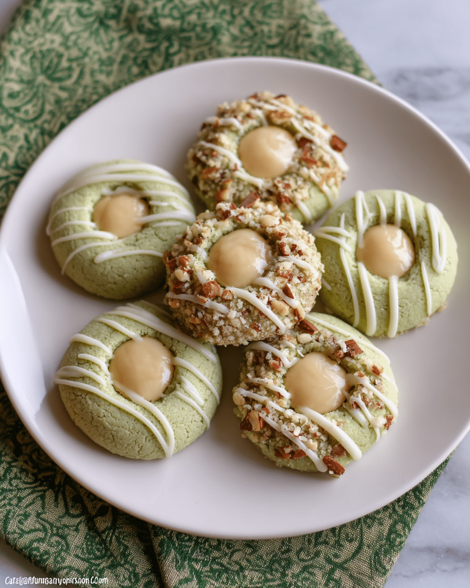 The image shows a white plate on a white marbled surface holding seven round cookies arranged loosely. There are two types: one type has a light green base with a smooth texture and a glossy, pale cream center, topped with thin white lines of icing drizzled across the top. The other type has a pale dough center, surrounded by a rough, nut-covered ring with a creamy pale center and also drizzled with white icing lines. The cookies look soft and moist, with the green ones smooth and the nut-covered ones textured. Photo taken with an iphone --ar 4:5 --v 7