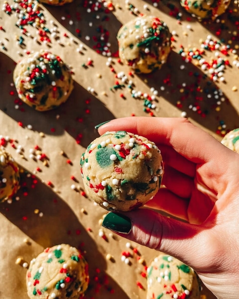 A woman's hand with green nail polish holding a round cookie dough ball filled with red, green, and white sprinkles. The background shows multiple similar cookie dough balls arranged on parchment paper with sprinkles scattered around. The dough has a soft, smooth texture with bright sprinkle colors contrasting the light beige dough. The surface below the parchment is a white marbled texture. photo taken with an iphone --ar 4:5 --v 7