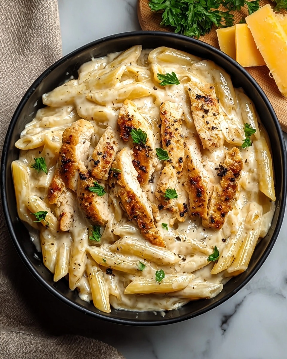A white bowl filled with creamy penne pasta as the bottom layer, smooth and coated in a light beige sauce. On top are grilled chicken strips with a slight golden-brown char, scattered unevenly across the pasta. Small green parsley pieces are sprinkled over the chicken and pasta, adding fresh bright green color. The sauce has specks of black pepper throughout, giving texture to the dish. The bowl sits on a white marbled surface, with a beige cloth and some parsley in the background. Photo taken with an iphone --ar 4:5 --v 7