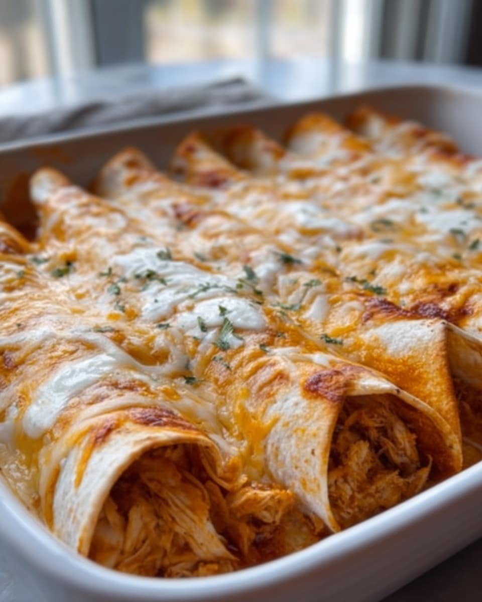 The image shows a close-up of a white rectangular baking dish filled with multiple rolled tortillas arranged side by side. Each tortilla is stuffed with shredded chicken mixed with a reddish sauce, creating a soft, moist texture inside. The top of the rolled tortillas is covered with melted cheese, golden brown and bubbly, with some cream-colored sauce drizzled across the surface. The background is a white marbled texture, and a woman’s hand is reaching into the dish from the right side. Photo taken with an iphone --ar 4:5 --v 7