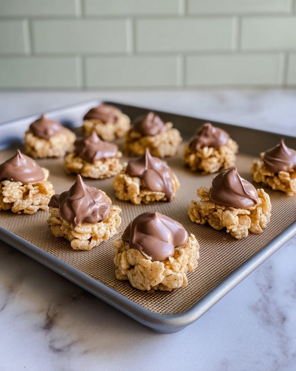 A gray baking tray sits on a white marbled surface with a white brick wall in the background, holding twelve small clusters of light brown cereal pieces bound together, each topped with a smooth, thick layer of glossy milk chocolate. The clusters are arranged in three rows of four, with the cereal pieces showing a rough, crunchy texture underneath the shiny, creamy chocolate dollops, which create a soft, rounded shape on top of each cluster. Photo taken with an iphone --ar 4:5 --v 7