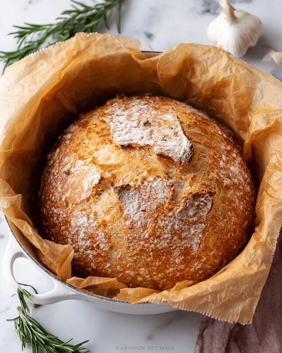 A round loaf of bread with a golden-brown, crusty top sits inside a white baking dish lined with crinkled brown parchment paper. The bread has a lightly floured surface with a central split revealing the soft texture inside. The white marbled texture surface underneath highlights sprigs of fresh green rosemary and a bulb of garlic nearby, adding a rustic feel to the scene. photo taken with an iphone --ar 4:5 --v 7