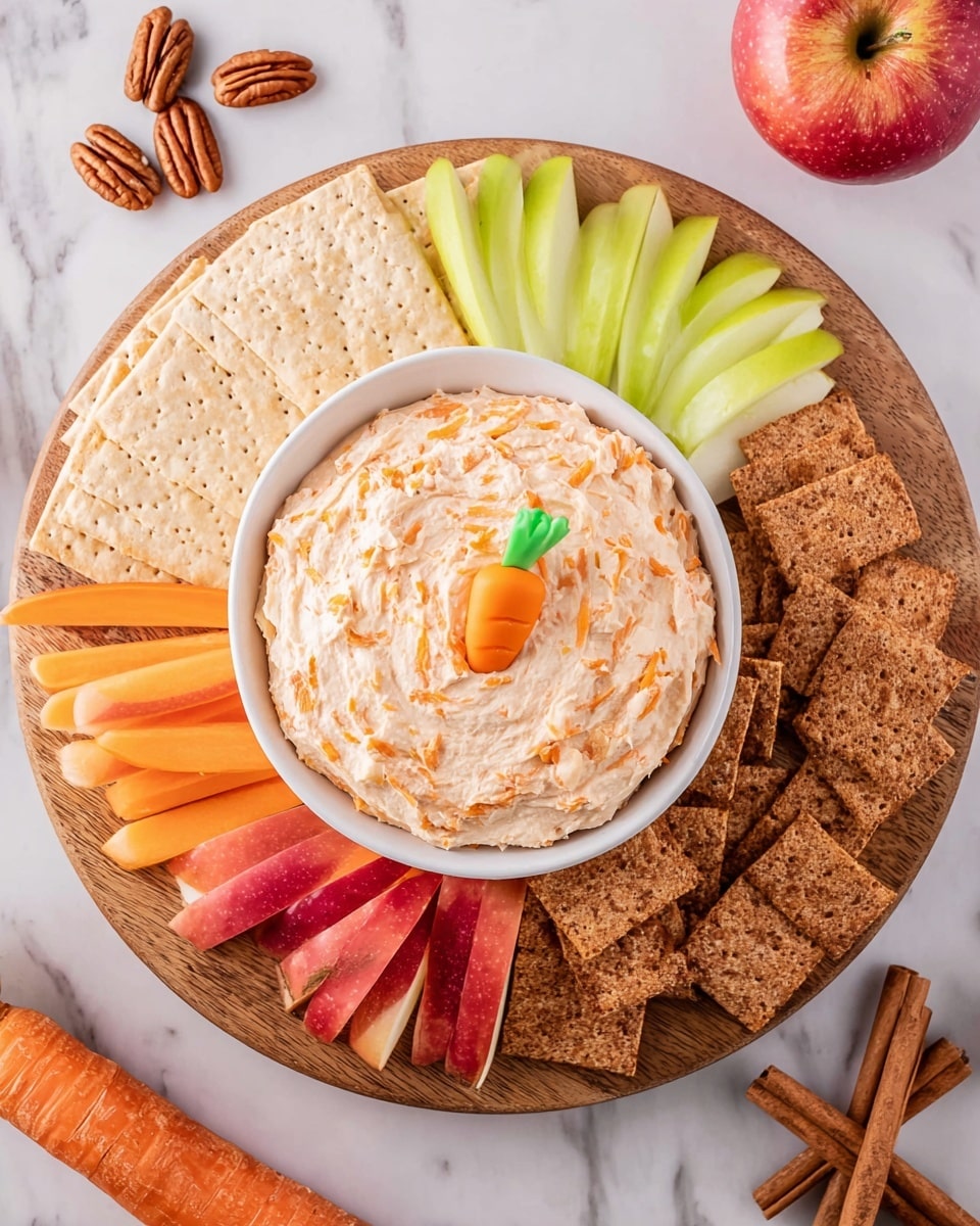 A round wooden board holds a white bowl in the center filled with a creamy, light orange spread that has small carrot shreds mixed in and is topped with a tiny decorative carrot. Around the bowl, four sections of snacks are arranged: light tan rectangular crackers at the top, green apple slices on the right, cinnamon brown pita chips at the bottom, and red apple slices on the left. The board sits on a white marbled surface with a few pecans, cinnamon sticks, and whole carrots placed casually nearby. photo taken with an iphone --ar 4:5 --v 7