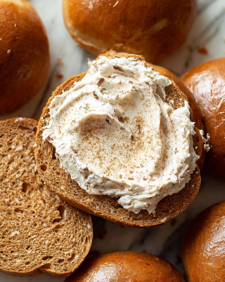 The image shows a close-up of a sliced brown bread roll with a thick layer of creamy white spread mixed with small brown bits, spread evenly on the top half. The spread has a slightly whipped texture with a dusting of light brown powder sprinkled in the center. The bottom half of the roll rests nearby, showing a soft, porous interior of the bread. Surrounding the bread are more whole brown rolls with shiny, smooth crusts. The whole scene is set on a surface with a white marbled texture. photo taken with an iphone --ar 4:5 --v 7