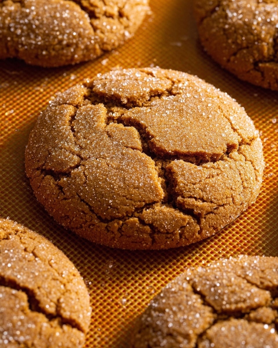 The image shows close-up views of round ginger cookies with cracked tops that reveal a soft inner texture. The cookies have a golden brown color and are sprinkled lightly with sugar crystals, adding a sparkling effect on the surface. They rest on a textured baking mat with a warm hue that contrasts the cookies’ color, making them stand out. The lighting highlights the cracks and sugar grains, giving the cookies a fresh and inviting look. photo taken with an iphone --ar 4:5 --v 7