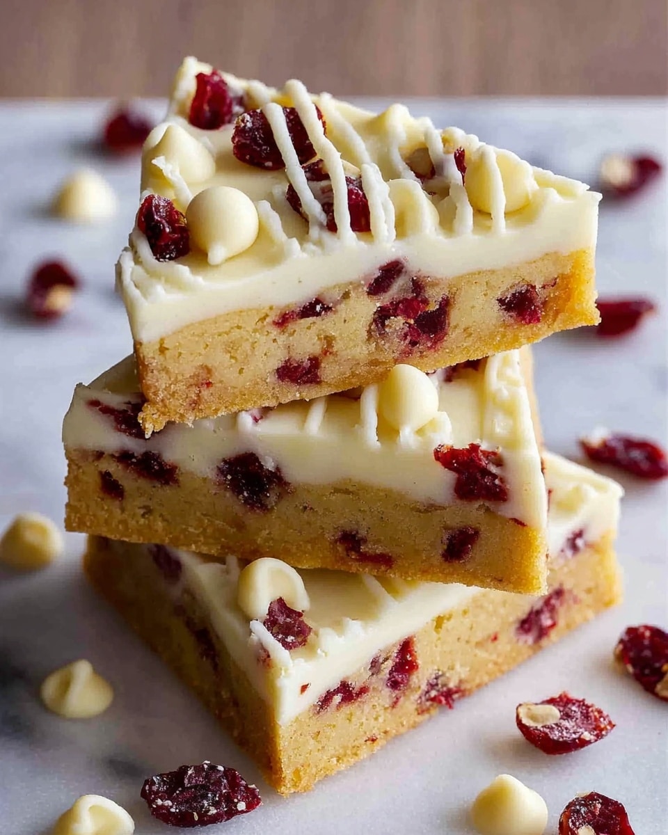 The image shows three triangular bars stacked on a white marbled surface. Each bar has two layers: a thick, moist golden-brown base filled with small red fruit pieces, and a creamy white frosting layer on top. The frosting is decorated with smooth white chocolate chips and dried red berries, with extra frosting drizzled in lines across the top. Some dried red berries and white chocolate chips are scattered around the bars on the surface. Photo taken with an iphone --ar 4:5 --v 7