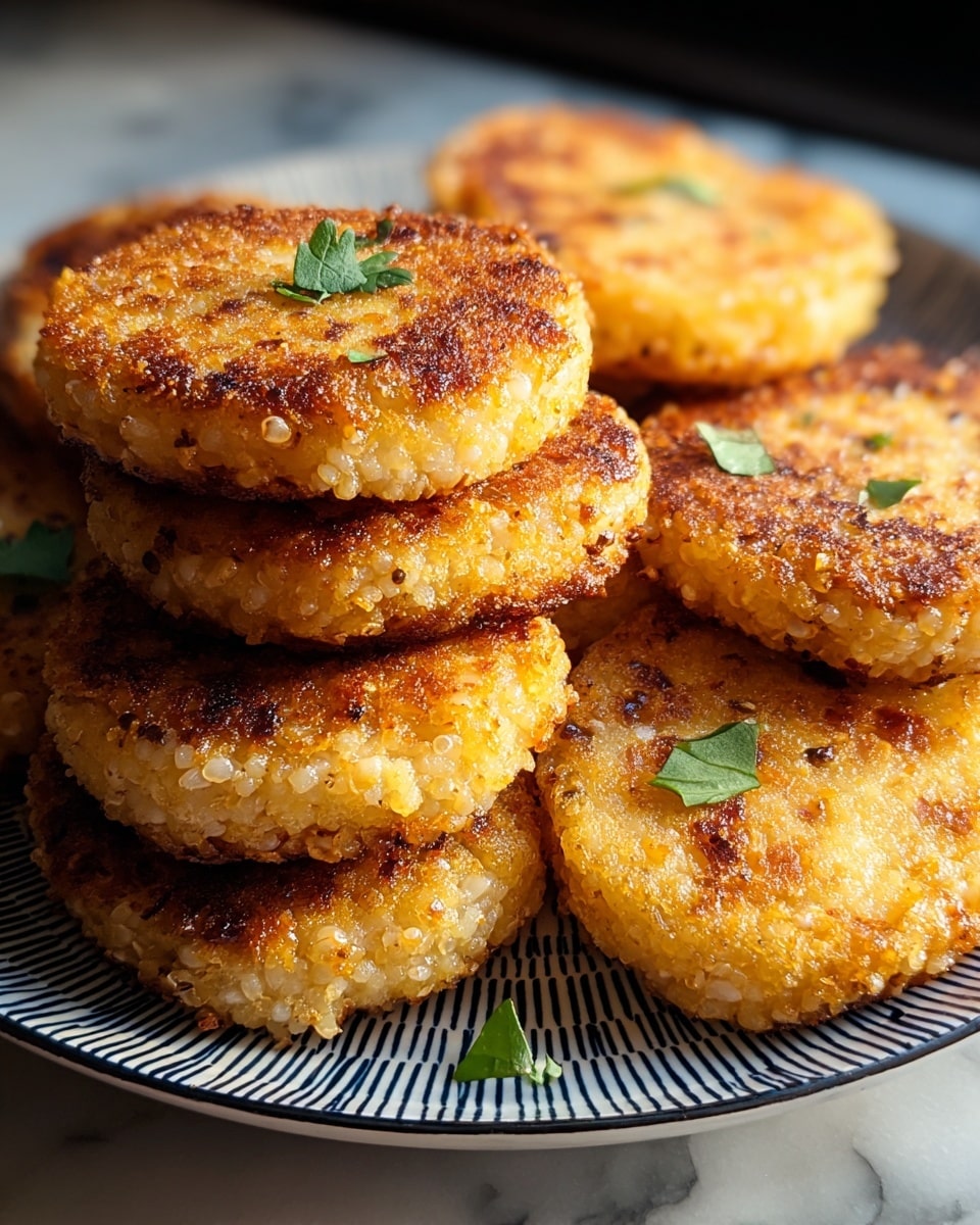 The image shows six golden-brown, crispy round patties stacked closely on a white plate with dark blue lines. Each patty has a textured surface with visible grains and small browned spots, giving a crunchy and slightly uneven look. A few small green herb pieces are scattered on the patties and plate, adding a touch of color contrast. The plate is placed on a white marbled surface, and the scene is lit with soft natural light creating gentle shadows. Photo taken with an iphone --ar 4:5 --v 7