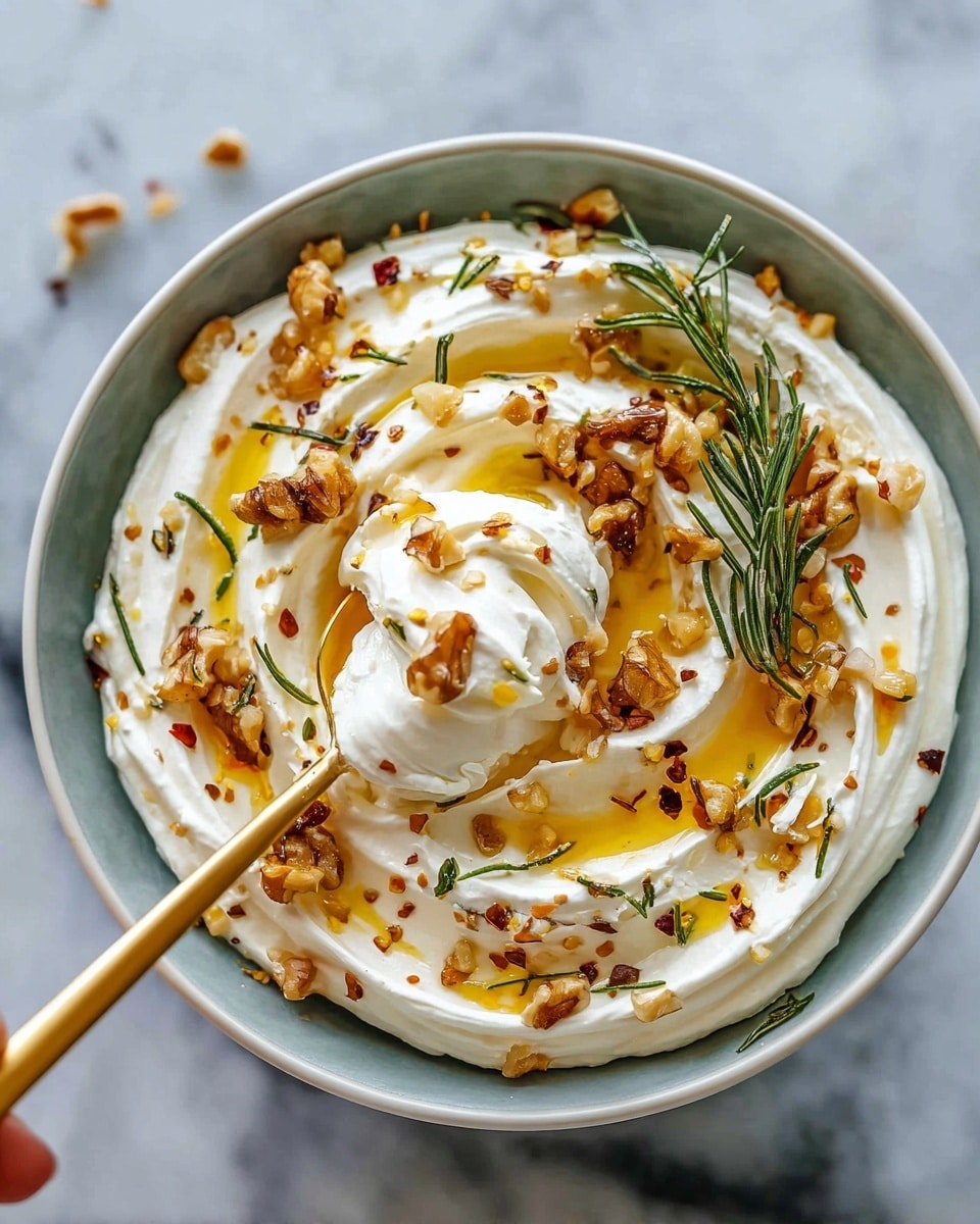 A white bowl filled with two layers of soft, thick, white cream cheese spread artfully with swirls. The top layer is drizzled with golden olive oil, sprinkled with small crunchy brown walnut pieces, fresh green rosemary sprigs, and tiny red chili flakes scattered evenly. A woman's hand holds a gold spoon scooping a dense, creamy portion, showing the texture and mix of toppings, all set on a white marbled surface. Photo taken with an iphone --ar 4:5 --v 7