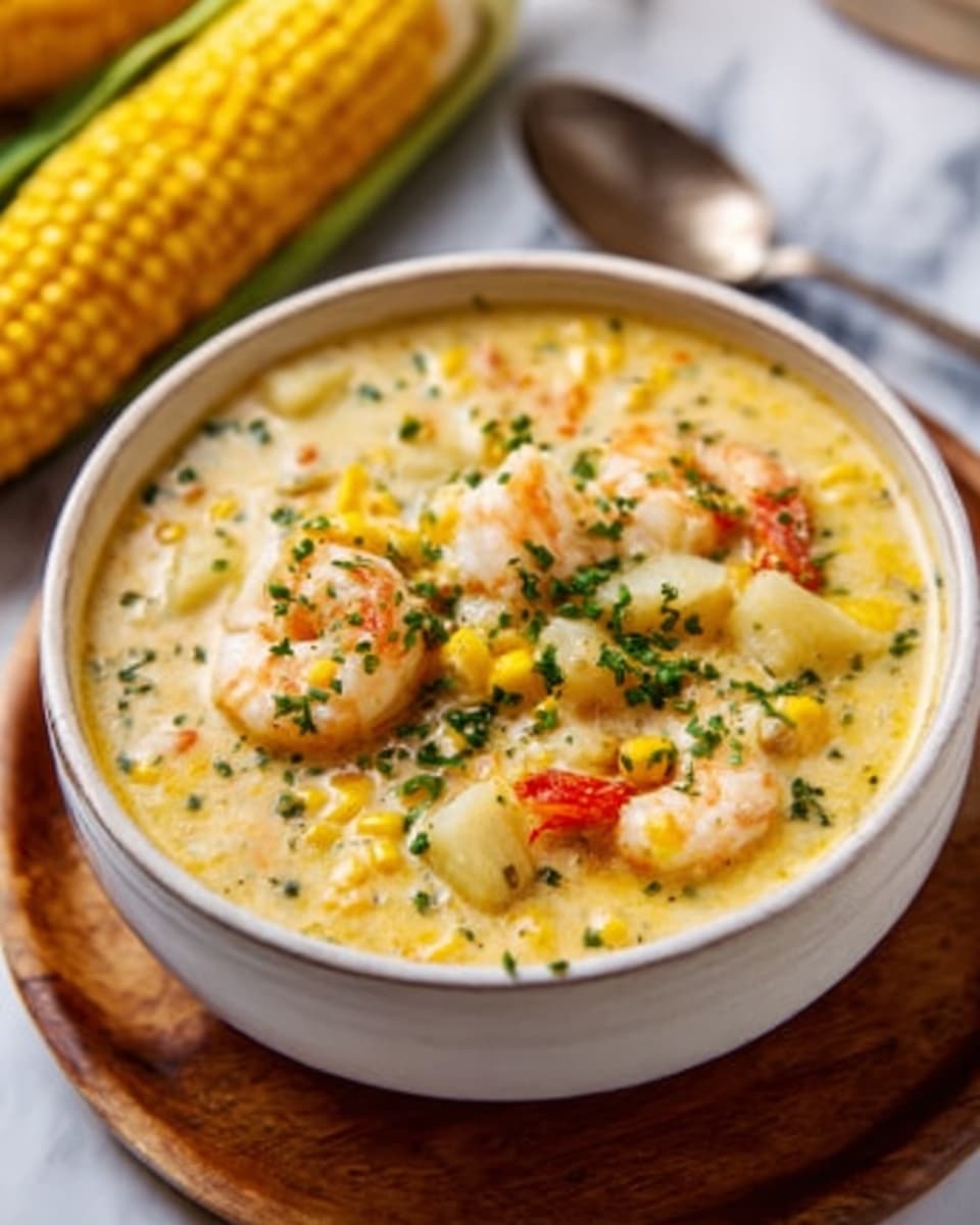 A white bowl filled with creamy yellow soup, thick in texture, showing chunks of white potatoes, bright yellow corn kernels, and small pieces of orange shrimp mixed throughout. The soup is sprinkled with finely chopped green herbs on top, adding a fresh touch. The bowl is placed on a round wooden board, with a silver spoon on the side and a corn cob blurred in the white marbled background. Photo taken with an iphone --ar 4:5 --v 7